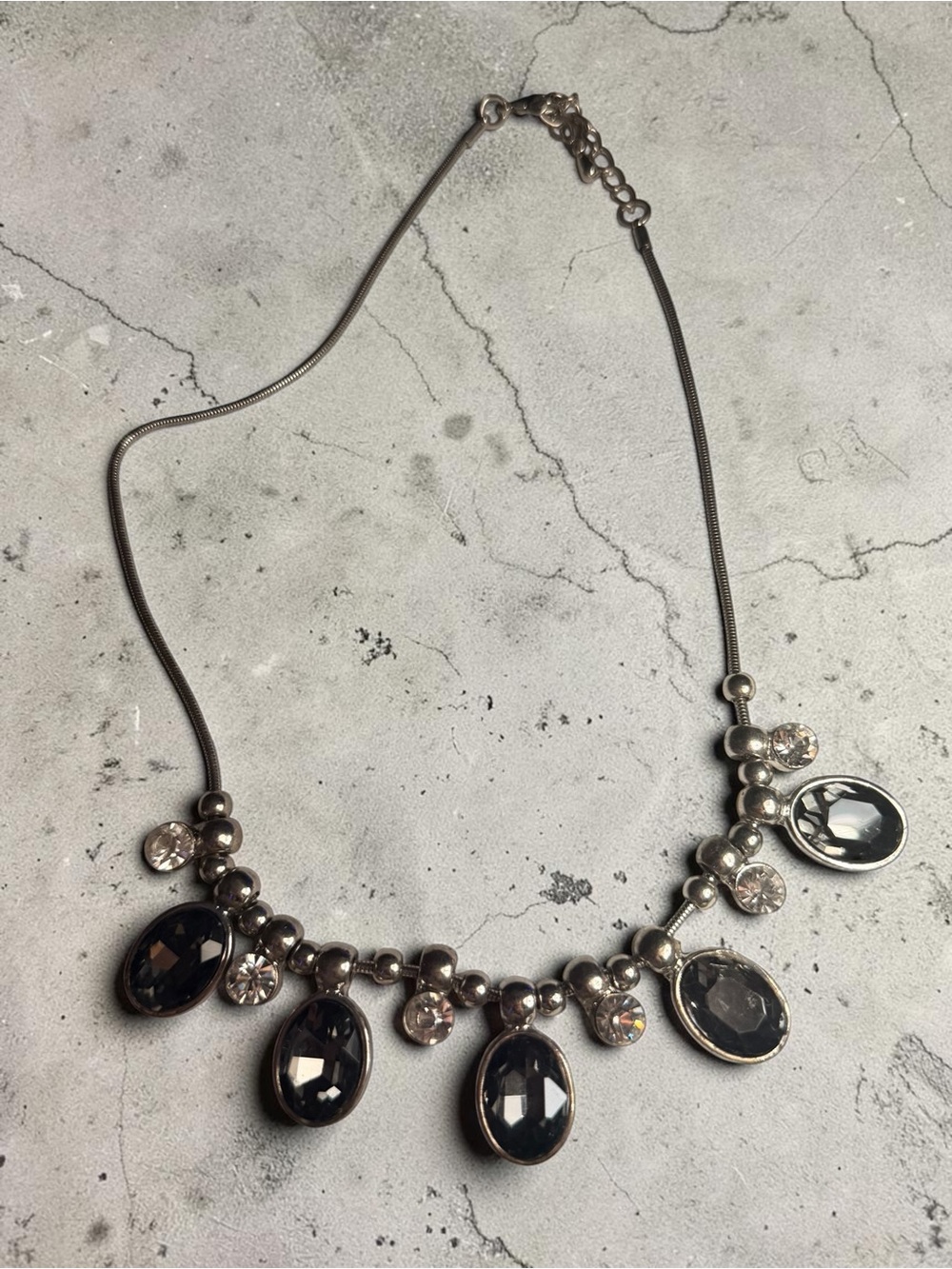 Elegant Gunmetal and Clear Crystal Statement Necklace